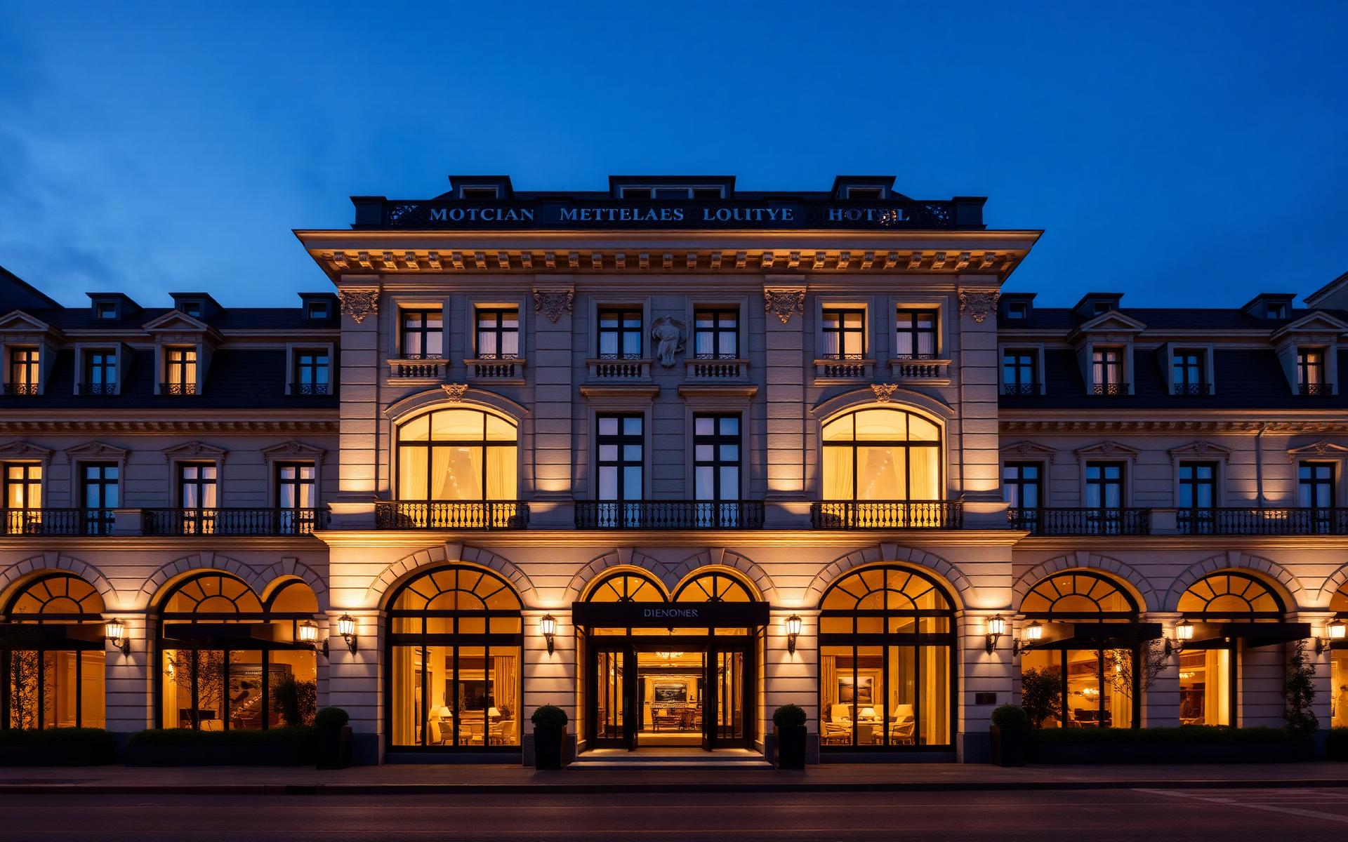 Grand hotel facade at dusk