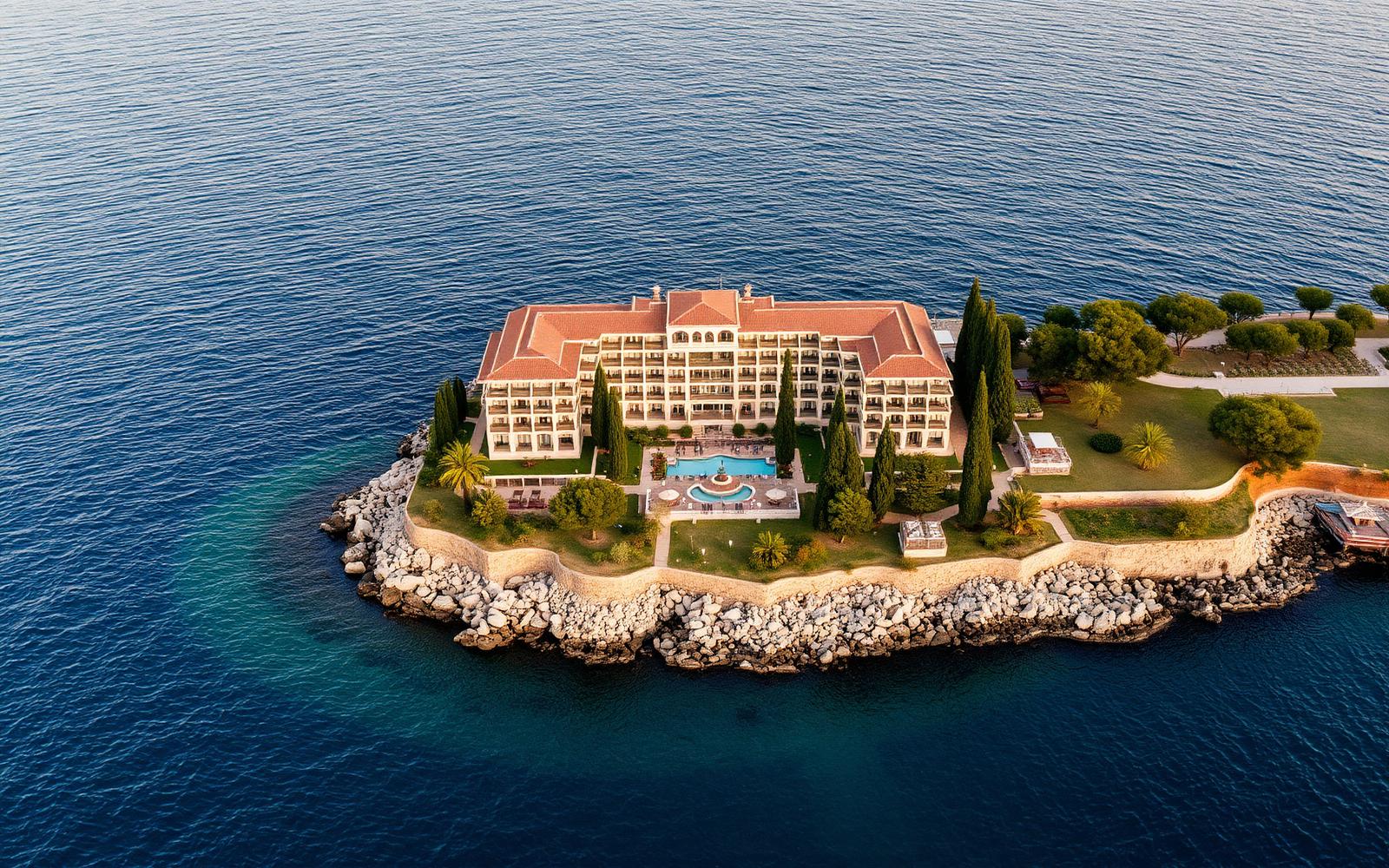 Aerial view of a coastal resort hotel